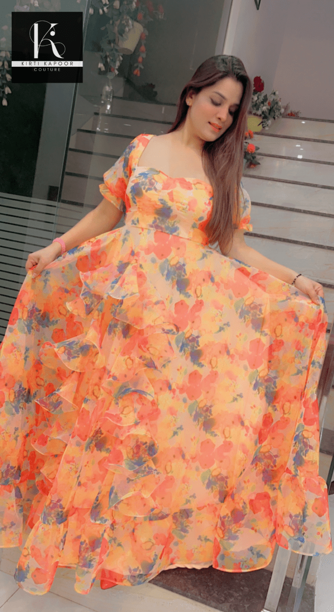 Light Orange Organza Gown (With Overall Colored Printing) - Kirti Kapoor Couture