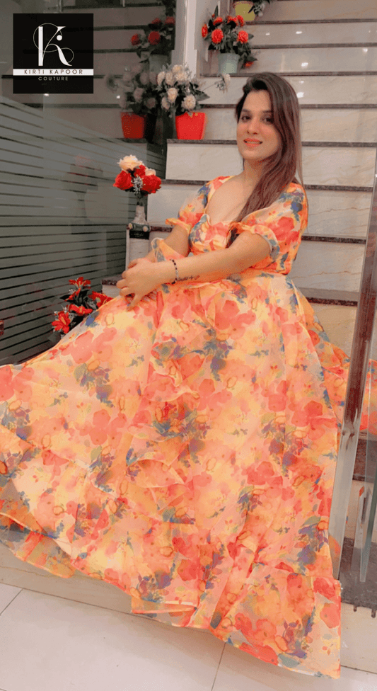 Light Orange Organza Gown (With Overall Colored Printing) - Kirti Kapoor Couture