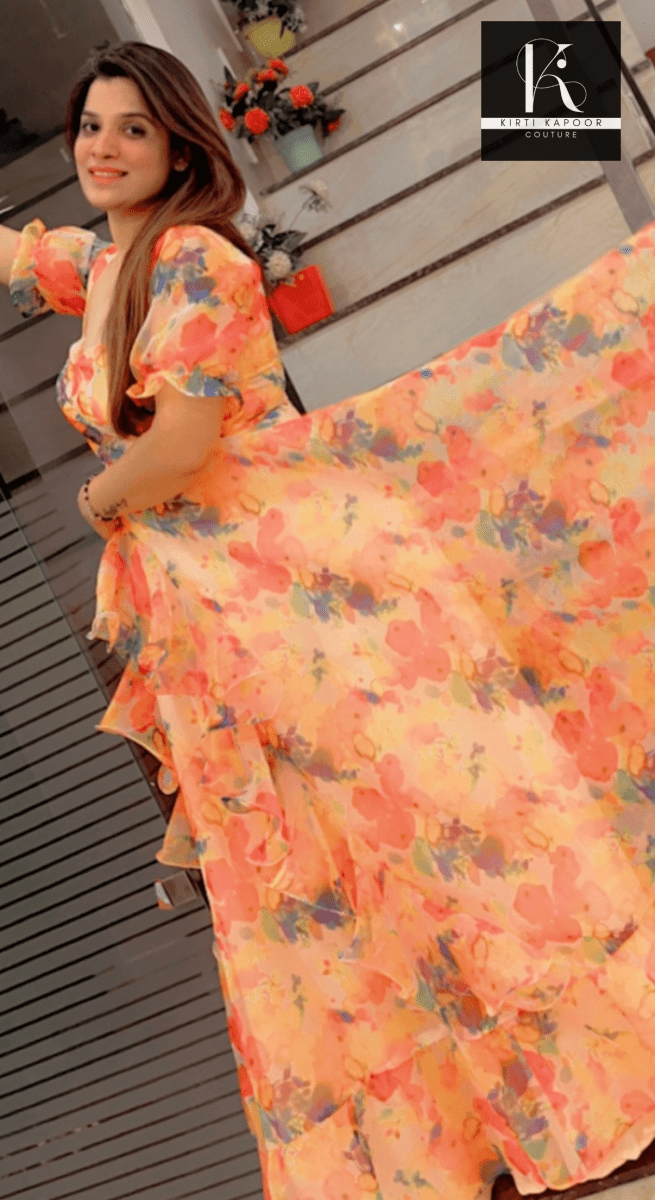 Light Orange Organza Gown (With Overall Colored Printing) - Kirti Kapoor Couture