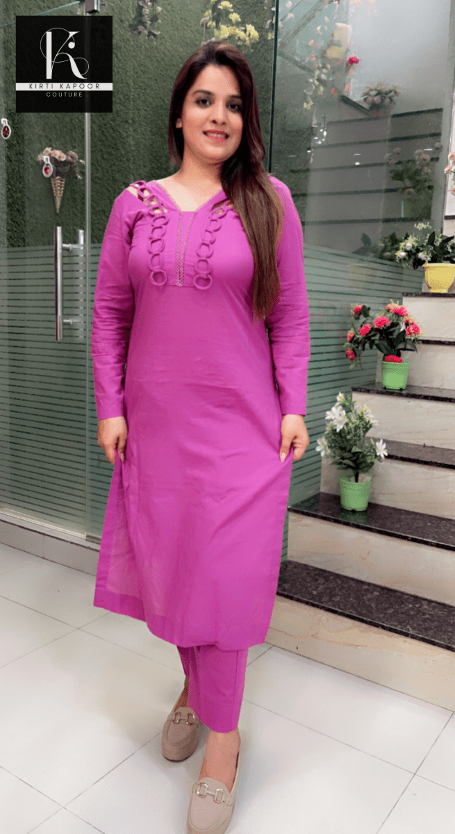 Lilac Purple Designer Neck Kurti Set - Kirti Kapoor Couture