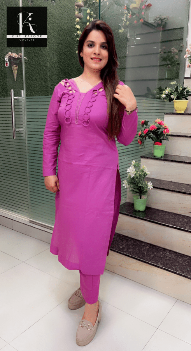 Lilac Purple Designer Neck Kurti Set - Kirti Kapoor Couture