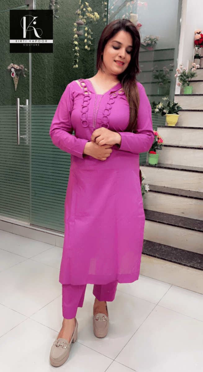 Lilac Purple Designer Neck Kurti Set - Kirti Kapoor Couture