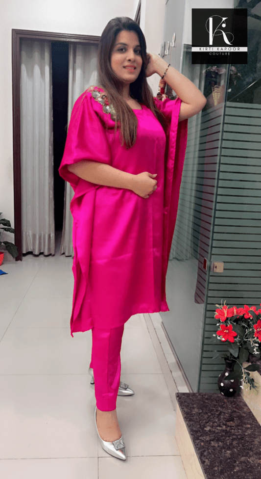 Magenta Kaftan - Pant Set (Floral Patch Work) - Kirti Kapoor Couture