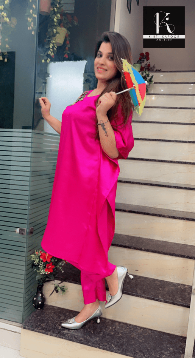 Magenta Kaftan - Pant Set (Floral Patch Work) - Kirti Kapoor Couture