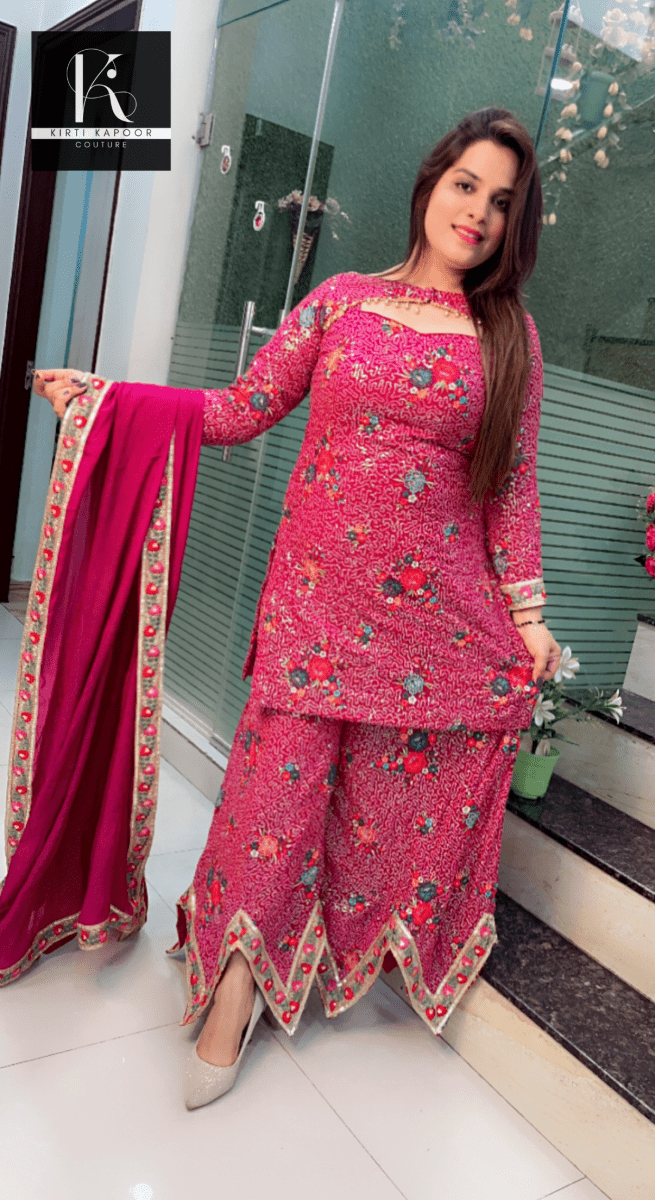 Magenta Worked Georgette Sequence Four Piece Suit - Kirti Kapoor Couture