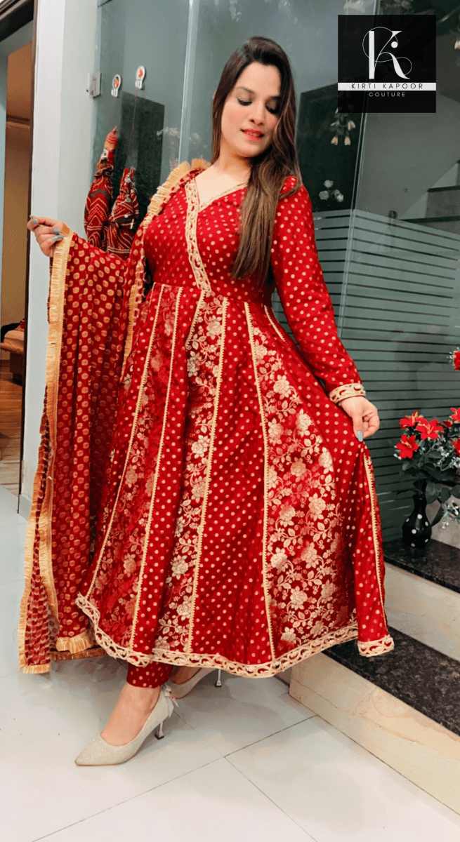 Maroon Brocade Anarkali with Heavy Dupatta - Kirti Kapoor Couture