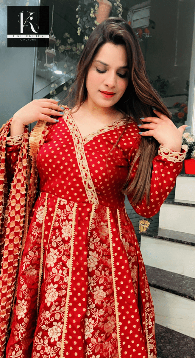 Maroon Brocade Anarkali with Heavy Dupatta - Kirti Kapoor Couture