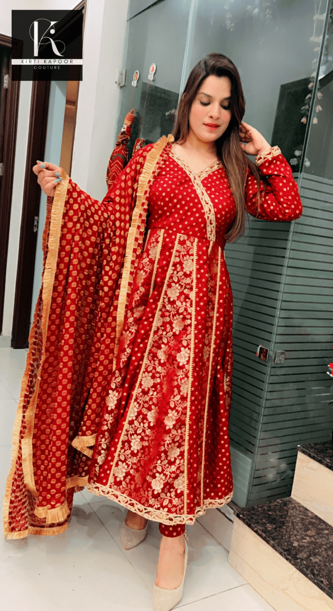 Maroon Brocade Anarkali with Heavy Dupatta - Kirti Kapoor Couture