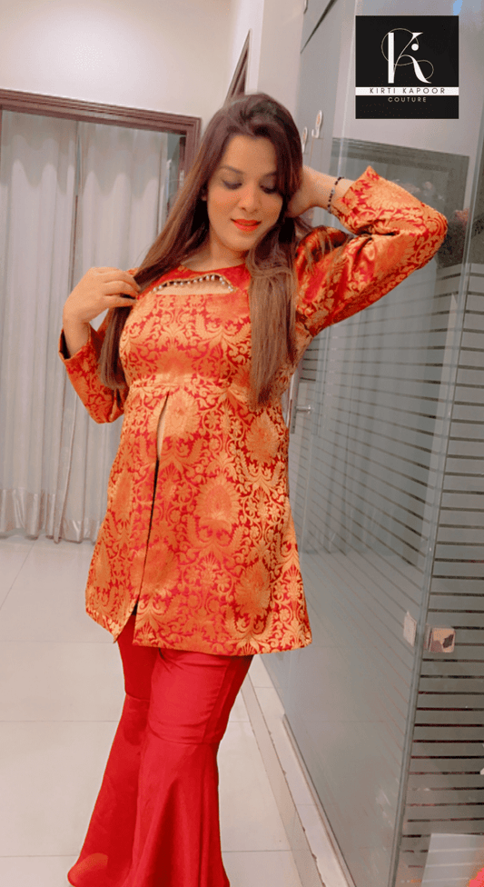 Maroon - Brown Brocade Top with Silk Bottom - Kirti Kapoor Couture