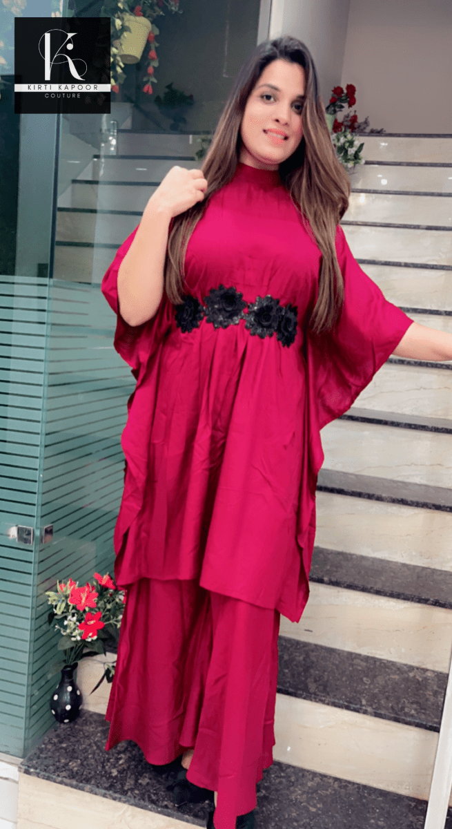 Maroon Kaftan - Plazo Set (Black Rose Patch Highlights) - Kirti Kapoor Couture