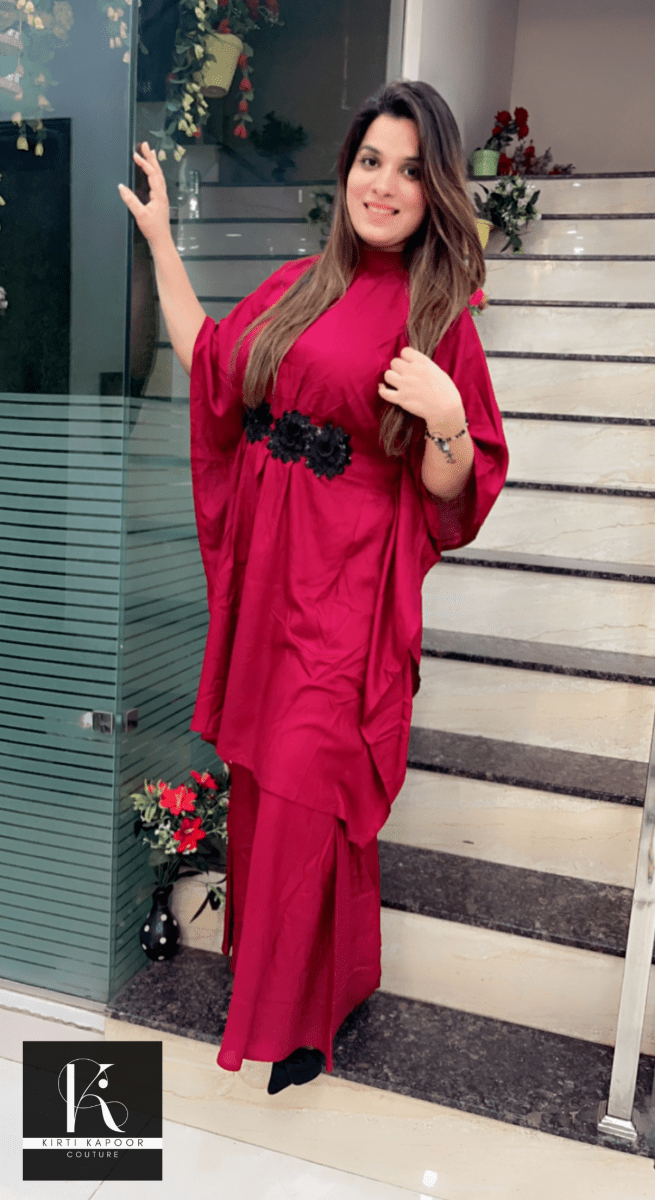 Maroon Kaftan - Plazo Set (Black Rose Patch Highlights) - Kirti Kapoor Couture