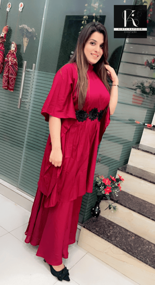 Maroon Kaftan - Plazo Set (Black Rose Patch Highlights) - Kirti Kapoor Couture