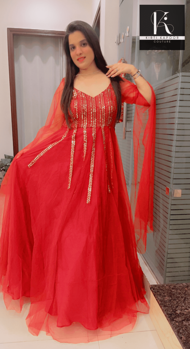 Maroon Sequence Party - Wear Gown With Golden Highlights - Kirti Kapoor Couture