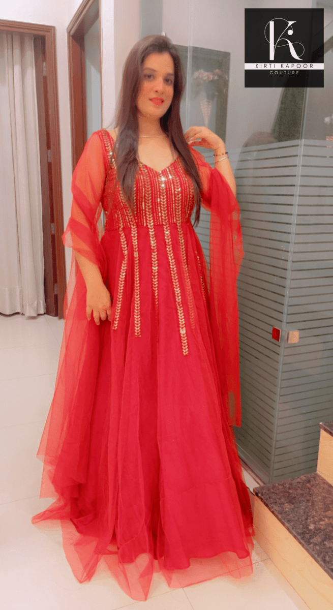 Maroon Sequence Party - Wear Gown With Golden Highlights - Kirti Kapoor Couture