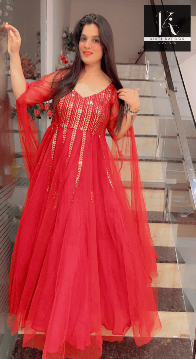 Maroon Sequence Party - Wear Gown With Golden Highlights - Kirti Kapoor Couture