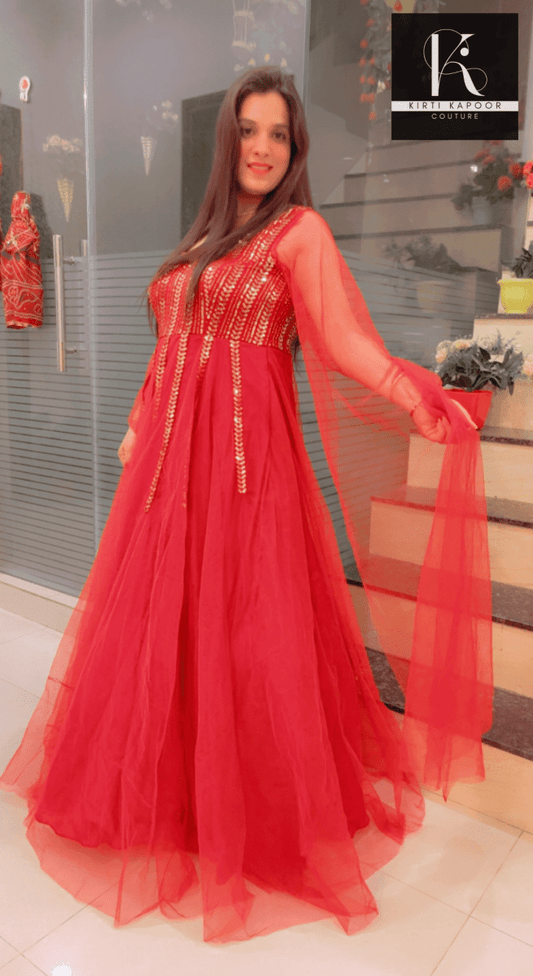 Maroon Sequence Party - Wear Gown With Golden Highlights - Kirti Kapoor Couture