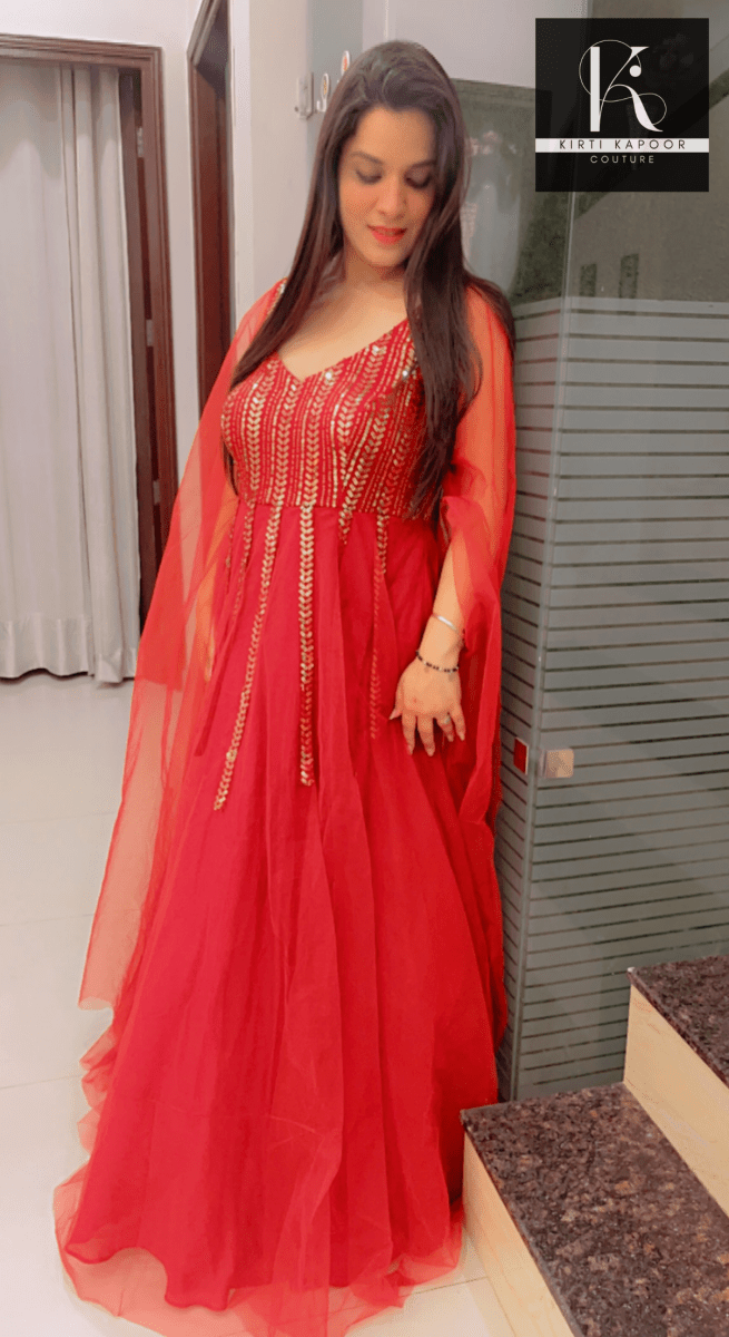 Maroon Sequence Party - Wear Gown With Golden Highlights - Kirti Kapoor Couture
