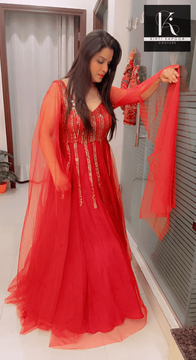 Maroon Sequence Party - Wear Gown With Golden Highlights - Kirti Kapoor Couture