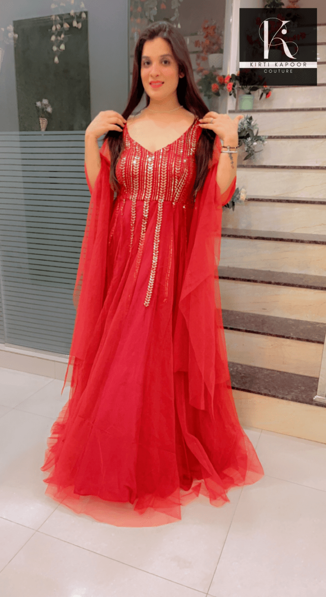 Maroon Sequence Party - Wear Gown With Golden Highlights - Kirti Kapoor Couture