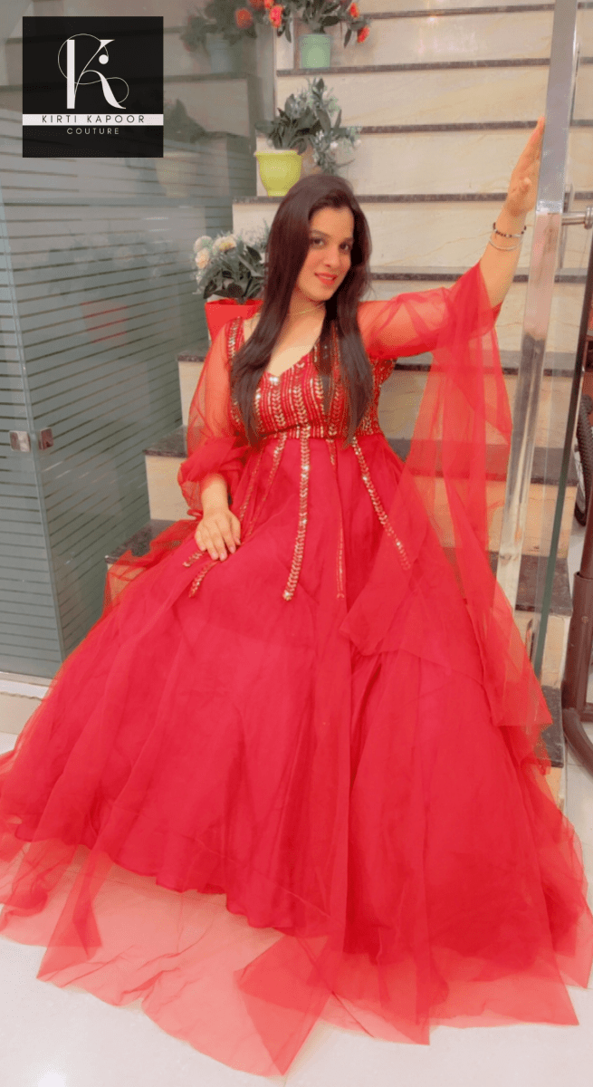 Maroon Sequence Party - Wear Gown With Golden Highlights - Kirti Kapoor Couture