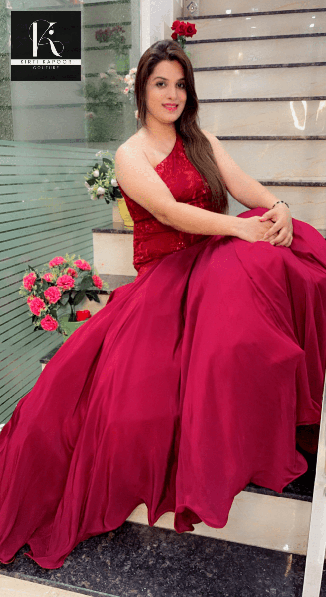 Maroon Worked Fabric Flairy Gown - Kirti Kapoor Couture