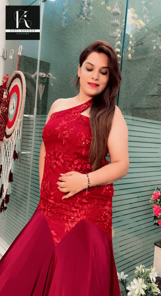 Maroon Worked Fabric Flairy Gown - Kirti Kapoor Couture