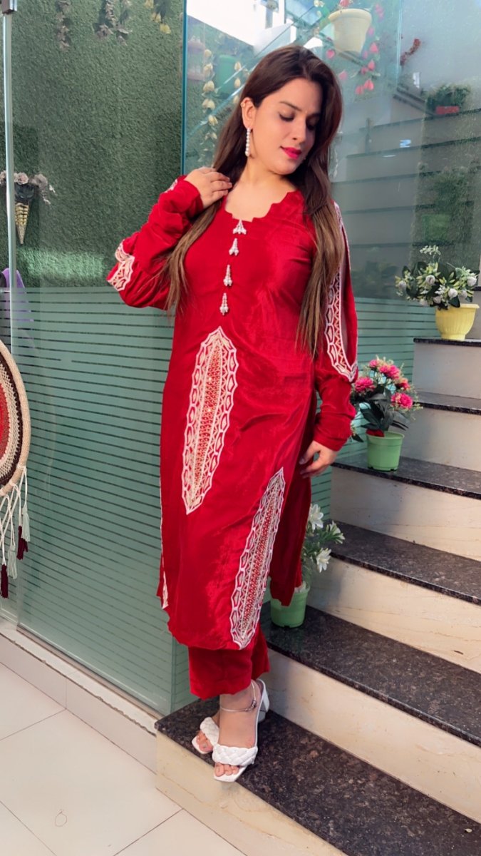 Maroonish - Wine Shaded Hand - Embroidered Velvet Set - Kirti Kapoor Couture