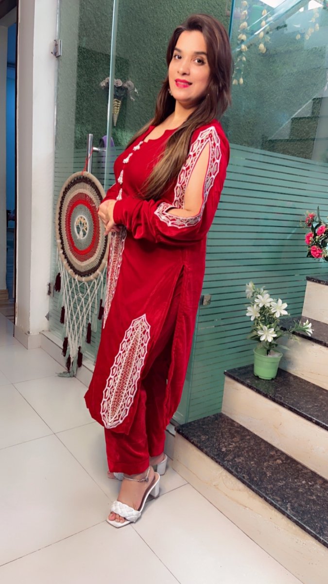 Maroonish - Wine Shaded Hand - Embroidered Velvet Set - Kirti Kapoor Couture