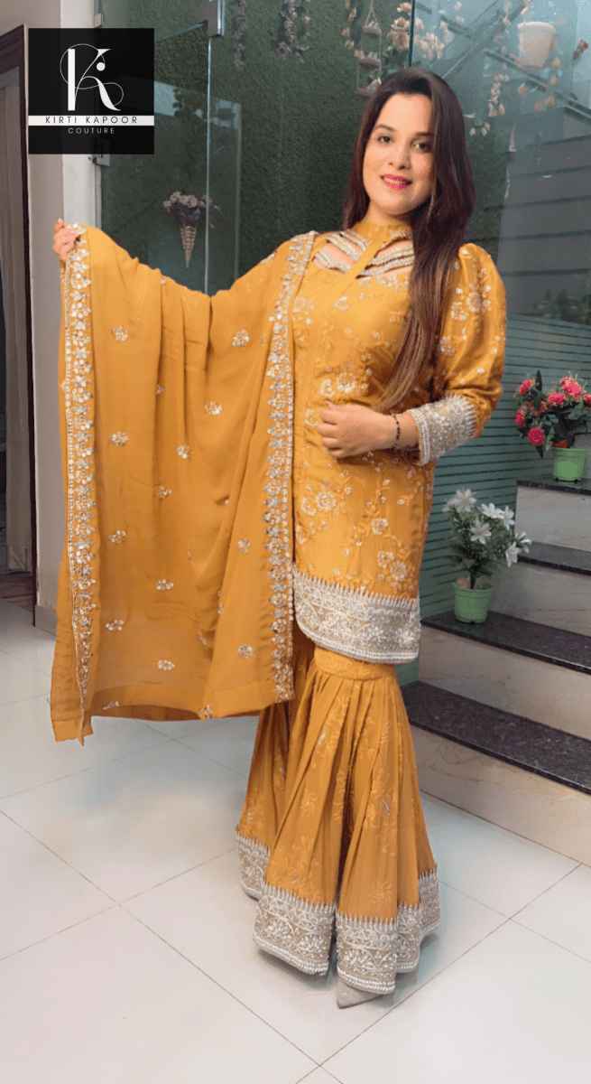 Mustard Yellow Box - Plates Sharara Suit - Kirti Kapoor Couture