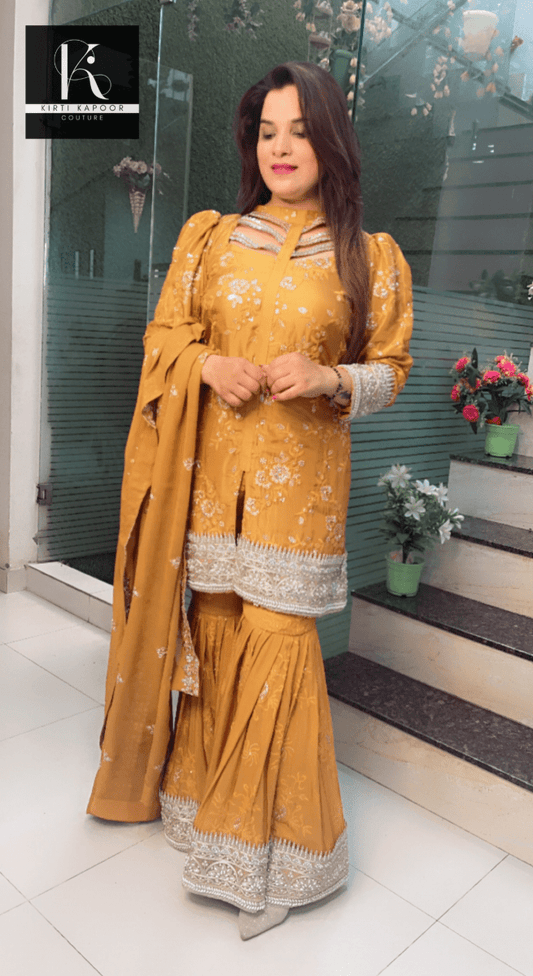 Mustard Yellow Box - Plates Sharara Suit - Kirti Kapoor Couture