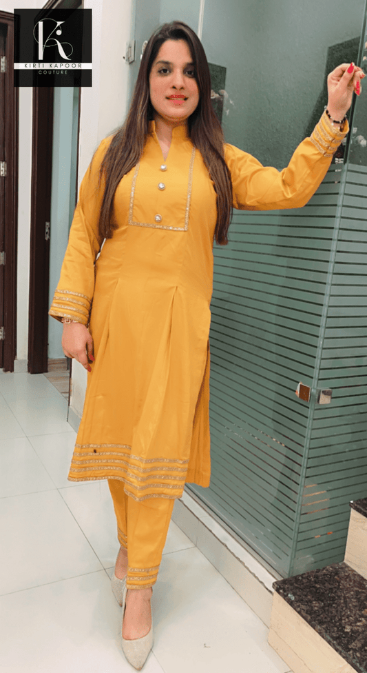 Mustard - Yellow Lace Worked Set - Kirti Kapoor Couture