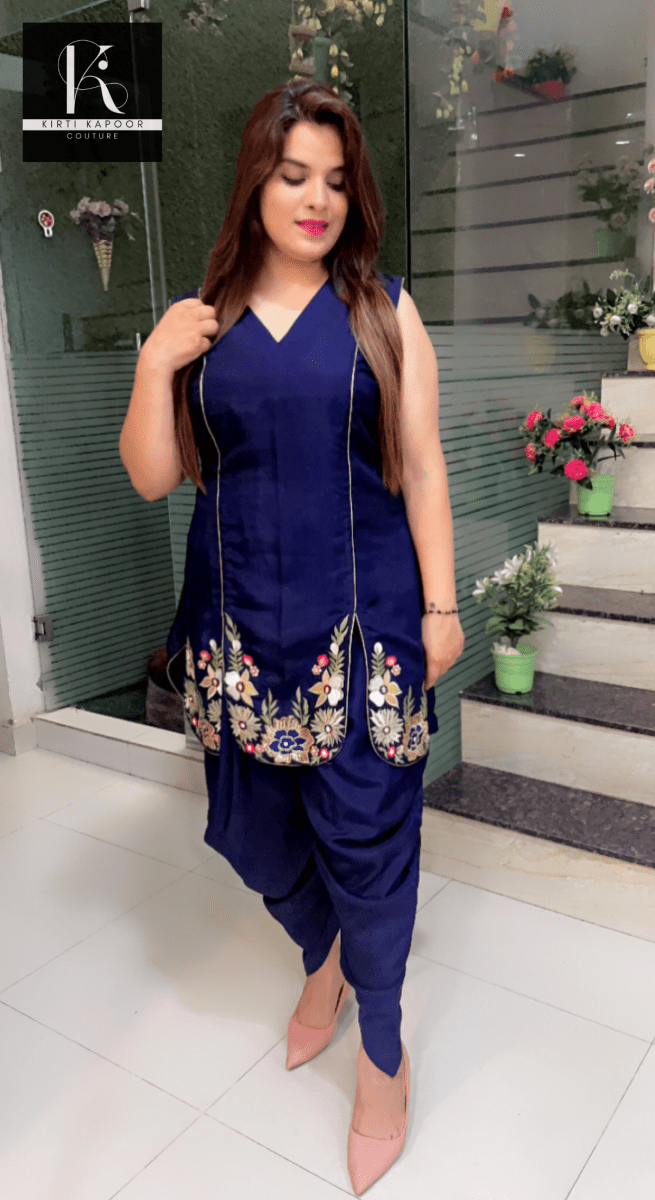 Navy Blue Hand - Embroidered Shirt with Dhoti - Kirti Kapoor Couture