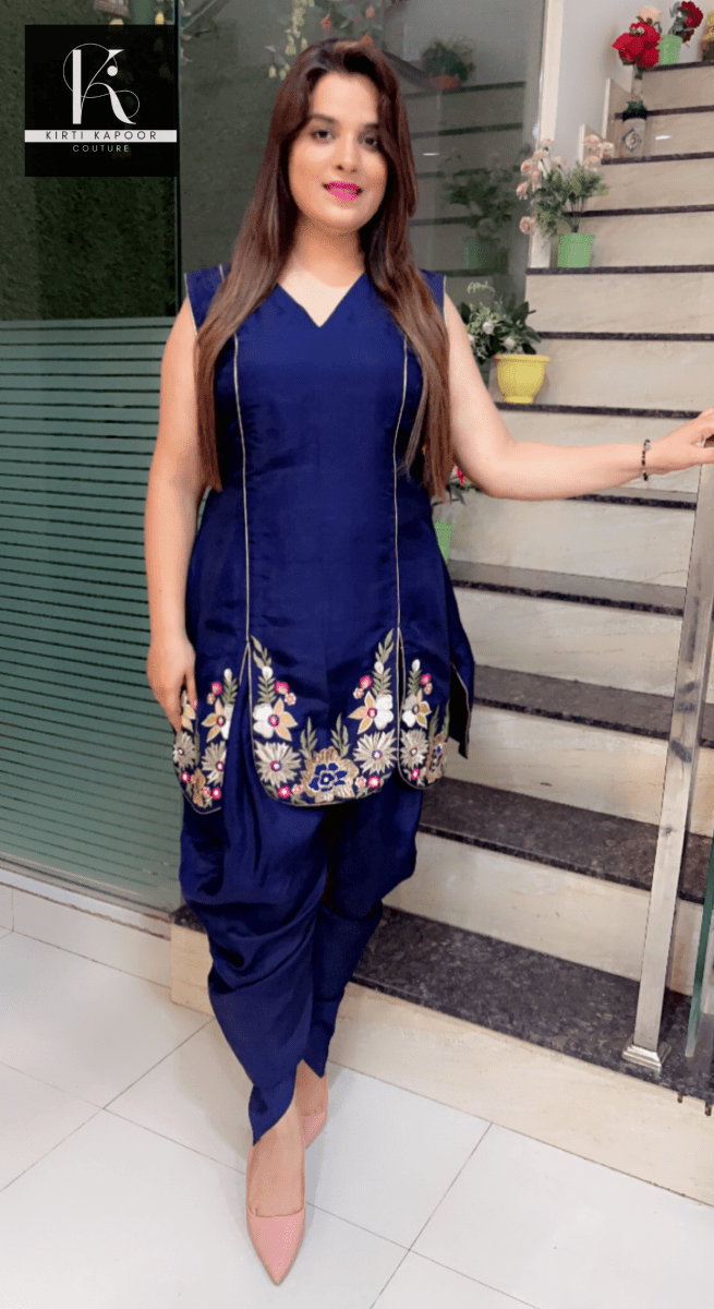 Navy Blue Hand - Embroidered Shirt with Dhoti - Kirti Kapoor Couture