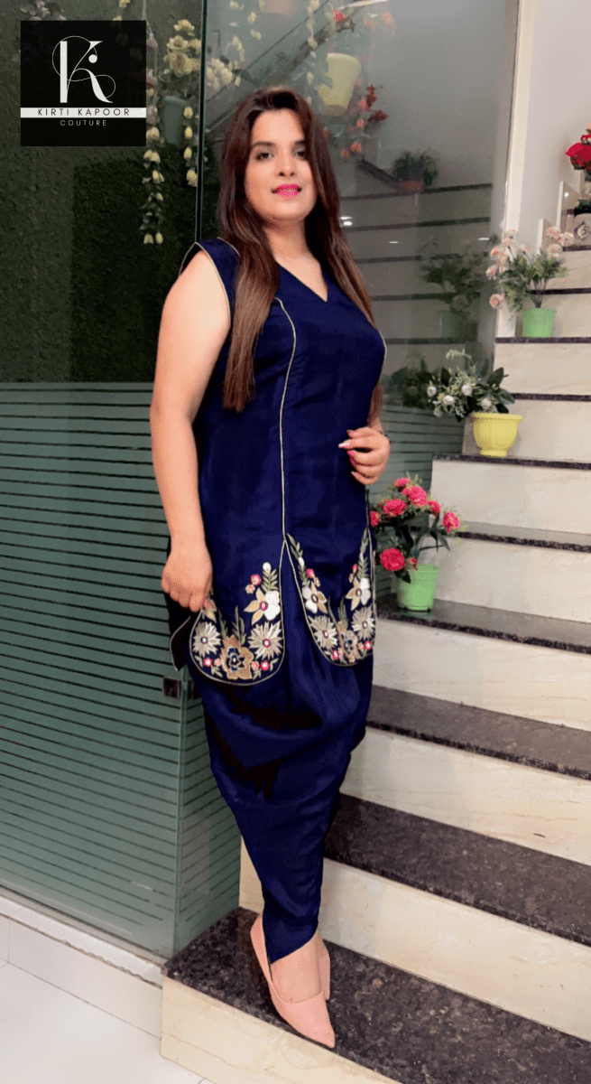Navy Blue Hand - Embroidered Shirt with Dhoti - Kirti Kapoor Couture