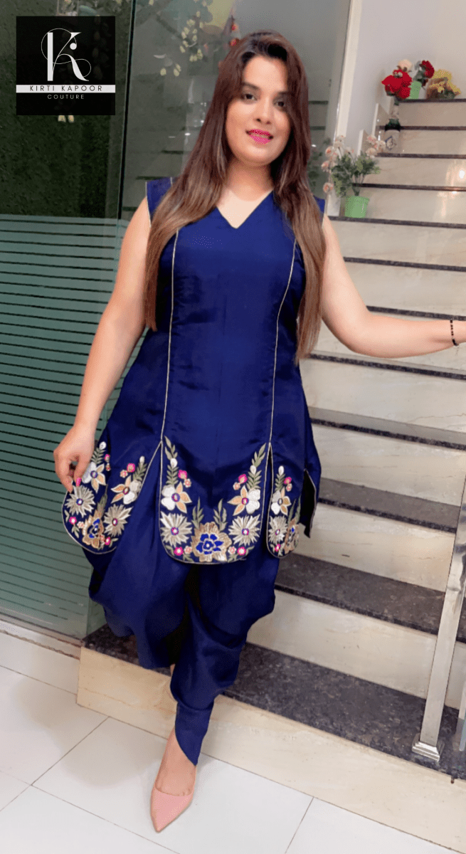 Navy Blue Hand - Embroidered Shirt with Dhoti - Kirti Kapoor Couture