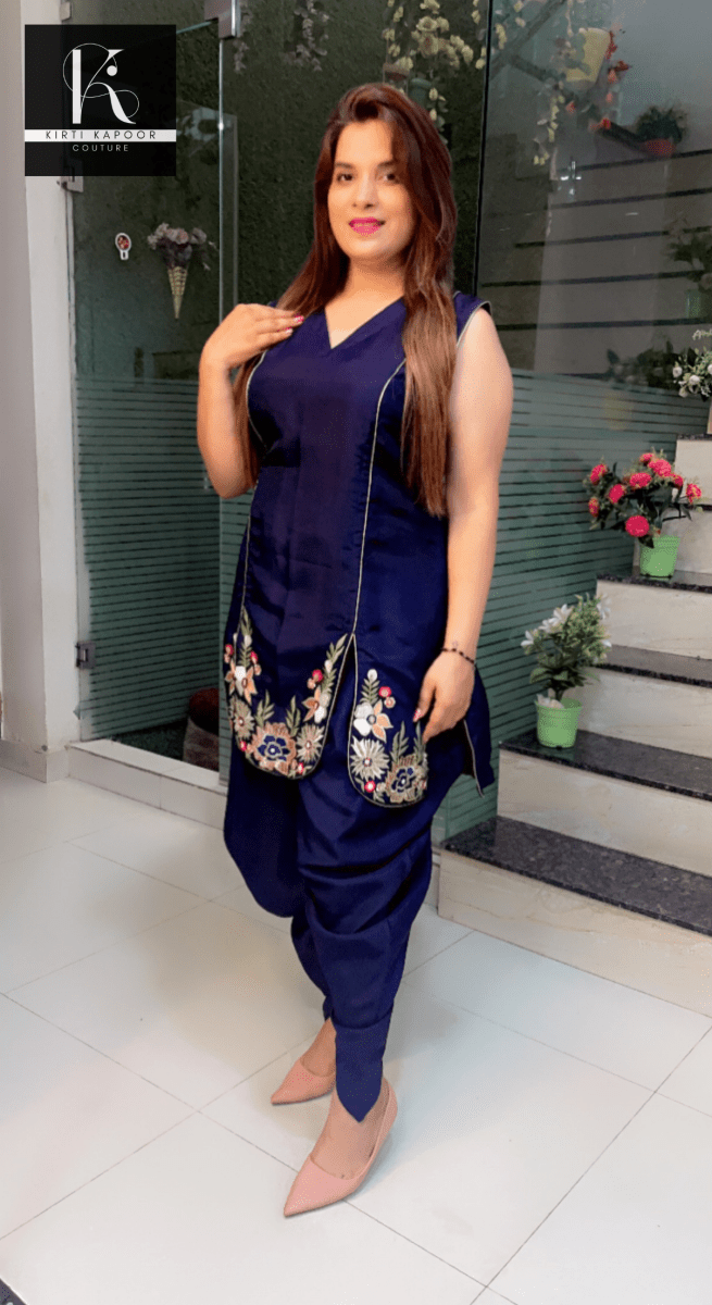 Navy Blue Hand - Embroidered Shirt with Dhoti - Kirti Kapoor Couture
