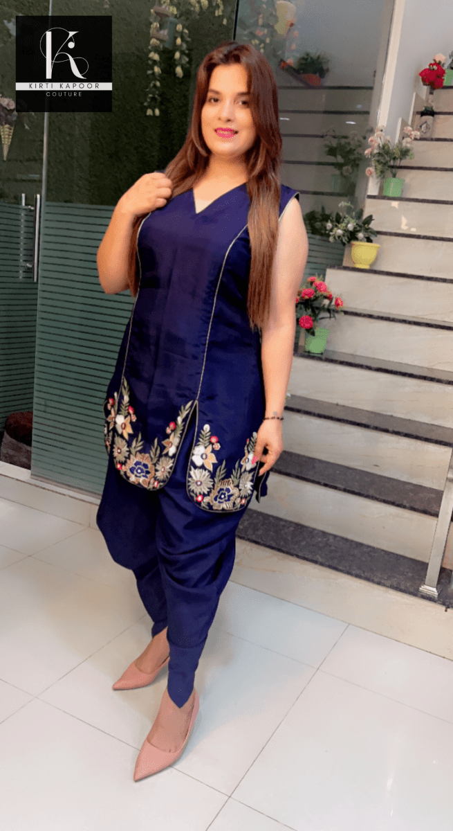 Navy Blue Hand - Embroidered Shirt with Dhoti - Kirti Kapoor Couture