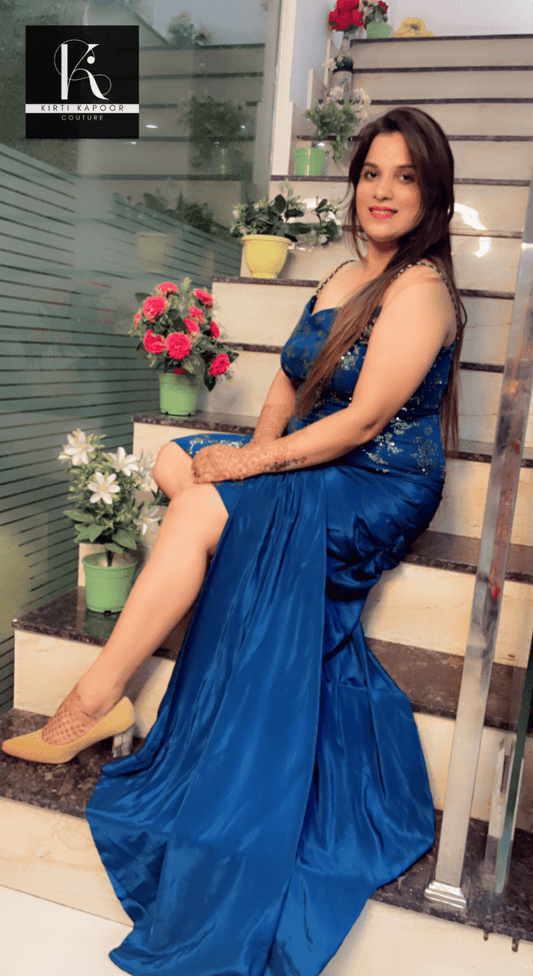 Navy Blue Sequence Drape cum Trail Dress - Kirti Kapoor Couture