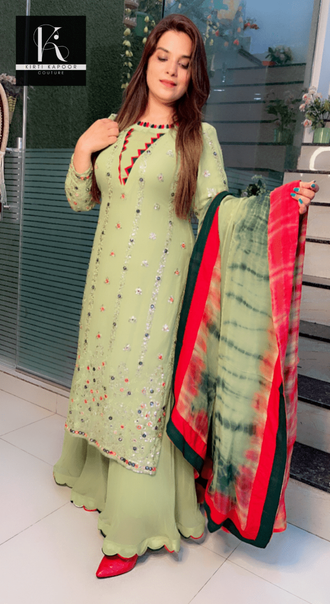 Neon Green Designer Georgette Suit (Teej Special Outfit) - Kirti Kapoor Couture