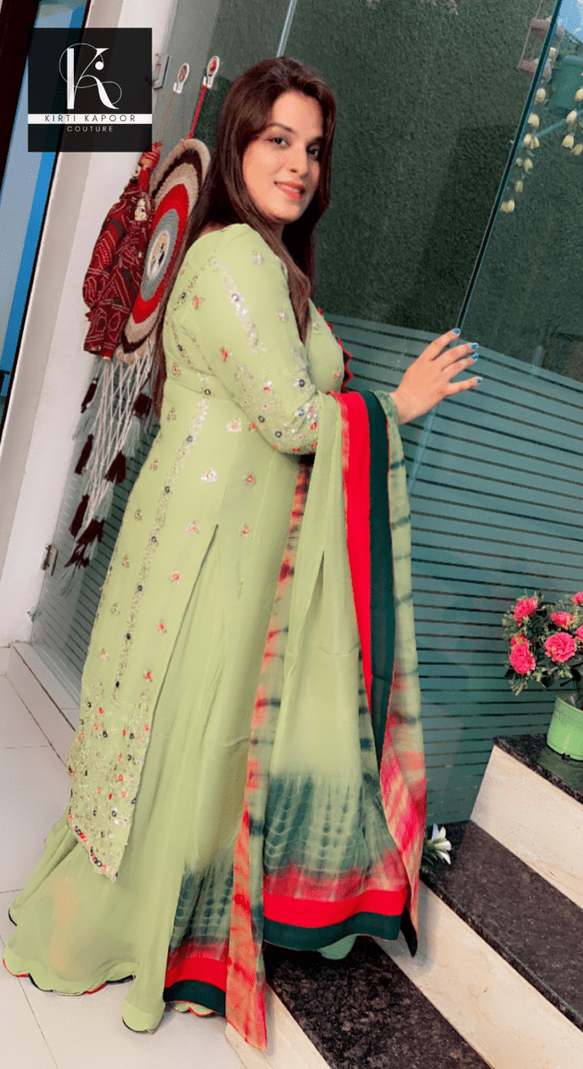 Neon Green Designer Georgette Suit (Teej Special Outfit) - Kirti Kapoor Couture