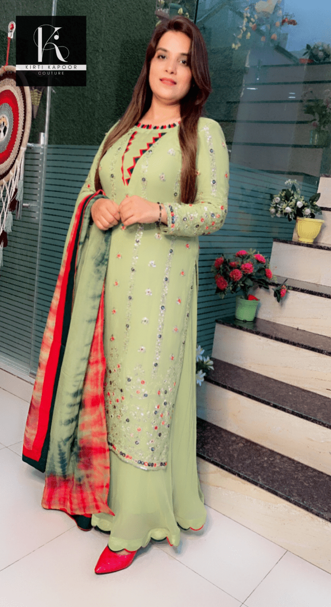 Neon Green Designer Georgette Suit (Teej Special Outfit) - Kirti Kapoor Couture