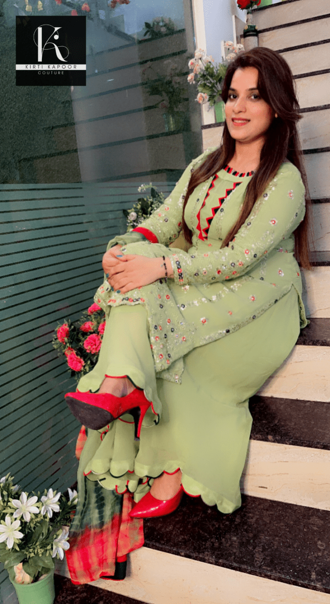 Neon Green Designer Georgette Suit (Teej Special Outfit) - Kirti Kapoor Couture