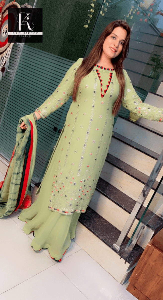 Neon Green Designer Georgette Suit (Teej Special Outfit) - Kirti Kapoor Couture