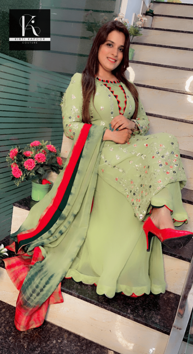 Neon Green Designer Georgette Suit (Teej Special Outfit) - Kirti Kapoor Couture