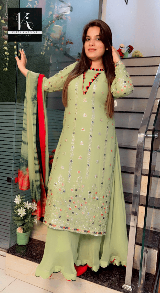 Neon Green Designer Georgette Suit (Teej Special Outfit) - Kirti Kapoor Couture