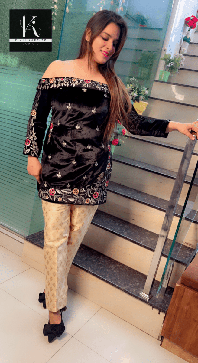 Off - shouldered black velvet embroidered shirt with brocade pant - Kirti Kapoor Couture