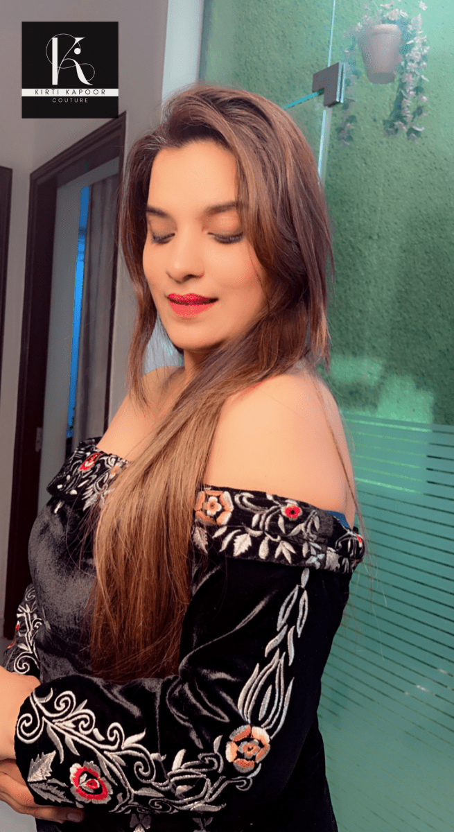 Off - shouldered black velvet embroidered shirt with brocade pant - Kirti Kapoor Couture