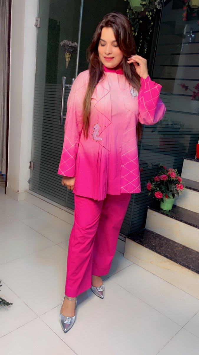 Ombre Printing Co - ord Set with Hand - Embroidered Patches and Anchor Work (New Launch) - Kirti Kapoor Couture