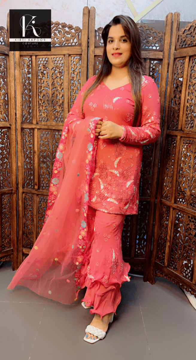 Onion Pink Worked Georgette Suit with Layered Plazo - Kirti Kapoor Couture