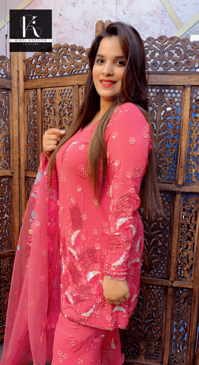 Onion Pink Worked Georgette Suit with Layered Plazo - Kirti Kapoor Couture